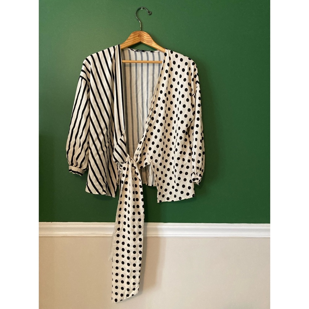 Zara, stripe polka dot wrap blouse.